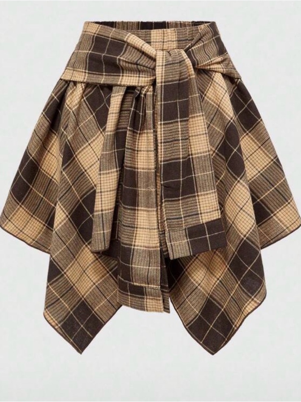 Brown Plaid Handkerchief Hem Skirt with Waist Tie